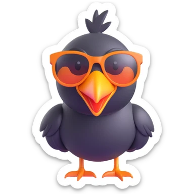 Make the bird emoji more emoji-like with a smooth, shiny 3D look, vibrant colors, and an expressive face. Keep the same pose, orange beak, and round sunglasses. Bird with a big smile. No background. Style should match modern emoji aesthetics. sticker