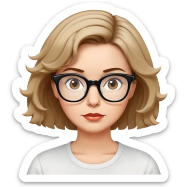 white woman in 50s, light warm skin, short messy bob with some waves, medium brown hair, big black thick glasses, white t-shirt, focused and serene look sticker