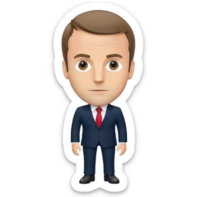 figure of Emmanuel Macron with an oversized head and small body, standing, wearing a dark navy suit and red tie, highly recognizable face, simplified details sticker