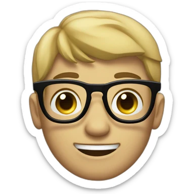 nerd face, mouth close, 2 teeth visible, some acne buttons, pale tan, black hair, with glasses sticker