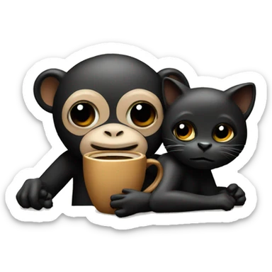 Coffee monkey hugging black cat with black eyes sticker