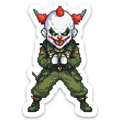 evil clown soldier, bald, short devil horns on forehead, fangs, pointed ears, black and military green clothes, fighting stance sticker