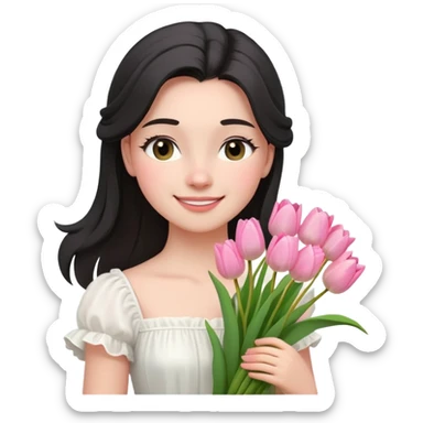  A girl Squint your eyes and smile with a black half-up half-down hairstyle, and a white dress, enjoying the spring breeze.Holding a bundle of pink tulips sticker