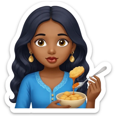 a pretty indian bratz girl with wavy long black hair. eyeliner on, wearing a blue kurti, eating golgappa (without spoon) sticker