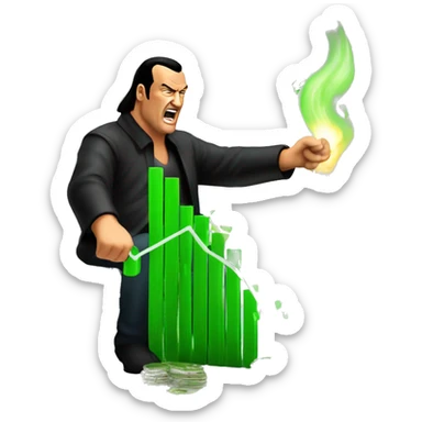 Steven Seagal beating a green graph chart candle while money flying sticker