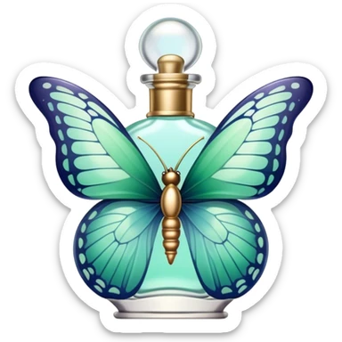 A delicate butterfly with pastel green and blue wings resting on a vintage glass perfume bottle with golden details. sticker