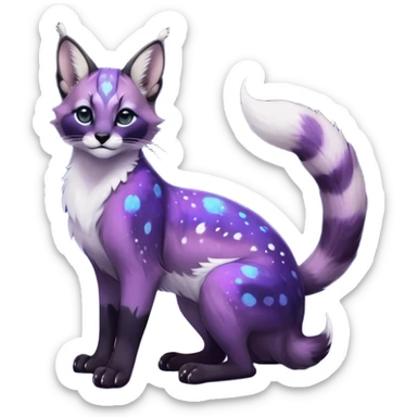 Colorful black-violet-indigo-purple-gradients nebulae nebula starry galactical shiny white-stars-spotted glorious iridescent divine exotic cute cool beautiful realistic antasy-caracal-civet-genet-sergal-vernid-Cacomistle-Trico-oncilla-animal-Fakémon-hybrid-fursona (full body) sticker