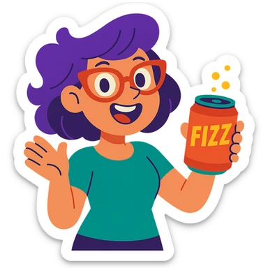 cartoon woman with purple hair, red glasses, and a can of fizz, showing her bubbly personality sticker