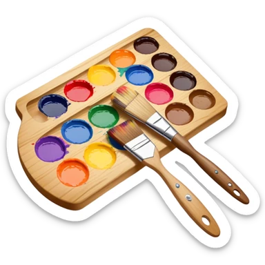 Cinematic Realistic image of a vibrant paint palette and brush, featuring a wooden palette smeared with an array of richly blended colors and a finely detailed brush with soft, delicate bristles, set against a softly textured background that evokes artistic inspiration sticker