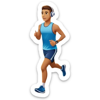 A runner wearing sports headphones jogs along a scenic waterfront promenade. The path is lined with trees, and the calm water reflects the golden hues of sunrise. In the background, a city skyline and distant mountains create a picturesque view. Transparent background enhances the motion. sticker