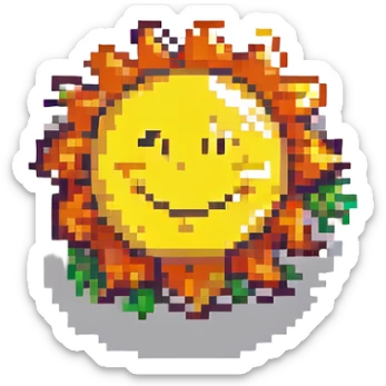 cheerful sun with a smiley face, pixel art style sticker