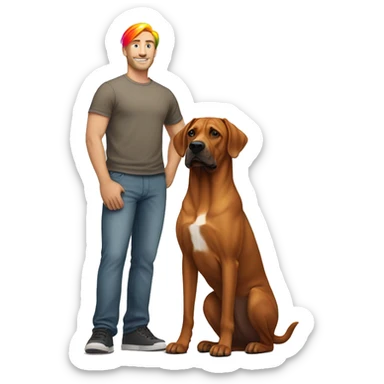 white male with rainbow colored hair standing alongside a brown rhodesian ridgeback dog sticker