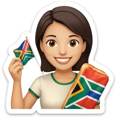 White Lady with son ( dark hair) eating white bread and holding South African flag  sticker