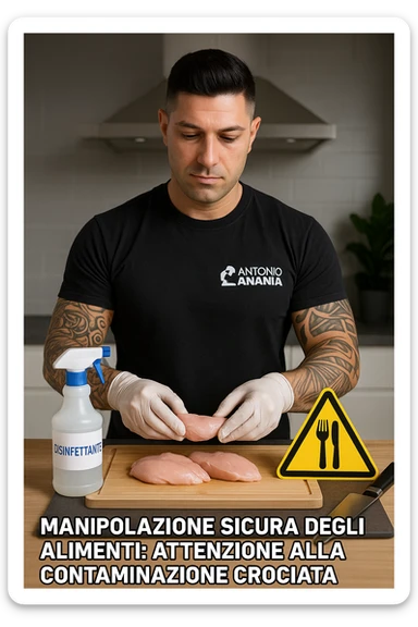 a man person in a modern kitchen handles raw chicken breasts on a cutting board, wearing disposable gloves. Nearby, a bottle of disinfectant spray, a separate knife for vegetables, and a warning sign about cross-contamination are clearly visible. The mood is educational, emphasizing safe food handling. in italiano sticker