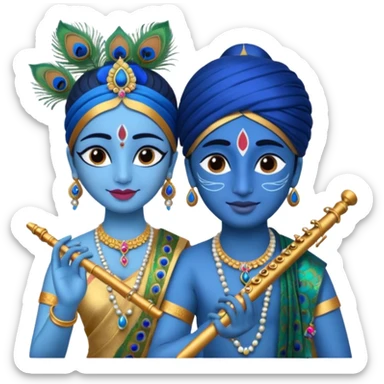 Radha and Krishna together as emoji, Krishna with blue skin, peacock feather, flute, Radha in traditional attire sticker
