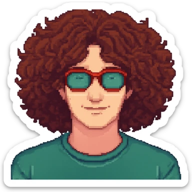 Make the hair much bigger on the face of a man with a lot of brown hair and red glasses, keep the style the same. Remove the background to isolate the subject. sticker