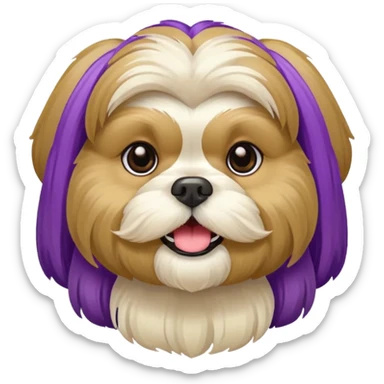 generame la imagen de un perrito raza chitzu de color cremita, totalmente cremita sin esos colores marron oscuro en su cara, hazla un poco sonriente y con su pechera morada sticker