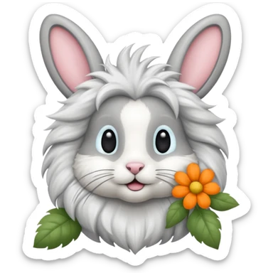 een grijs konijn met oren naar omlaag met een bloemetje sticker