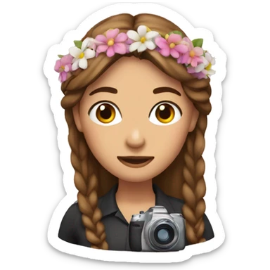 woman with brow hair, flowery hairband and camera sticker