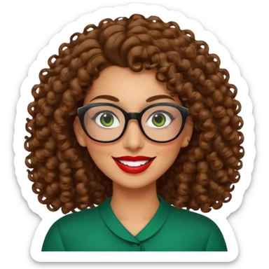 40 yr old Iranian woman, light brown very curly thick hair, shoulder length hair, green eyes, tan skin, big smile, big glasses sticker
