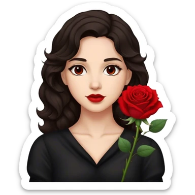A woman with dark wavy hair, a single red rose behind one ear, and a confident gaze sticker