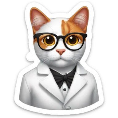 Red cat in a white coat with a feather behind his ear and full-length black glasses sticker