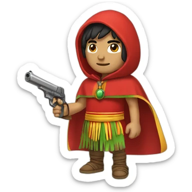An Inca man, neck-length black hair, wearing a red headband and wearing a red poncho (with yellow, green and red lines) and holding a pistol sticker