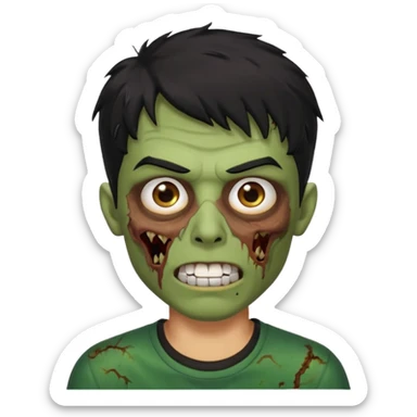 zombi emoji man with a fringe wavy medium black hair, mouth with a white teeth, nose, eyes brown, brown eyebrow, green skin, black shirt sticker