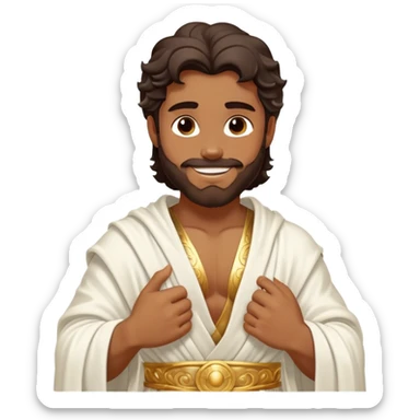 Cinematic Realistic Hercules Portrait, head tilted playfully and inquisitively, capturing the spirit of a timeless Greek hero with a warm, inviting smile. His bronze, marble-like skin and thick, wavy dark hair are rendered with classical precision, while his flowing white robe with delicate golden embellishments accentuates his muscular form. Soft natural light brings out the playful yet powerful essence of this legendary figure. sticker