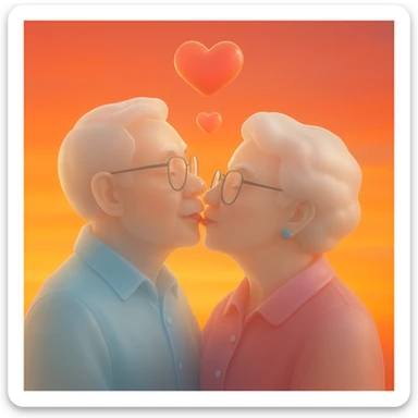 Add a vivid sunset background behind the elderly couple sharing a playful kiss, keep realistic 3D style, vibrant colors, loving atmosphere, warm sunset hues enhancing the affectionate moment. sticker