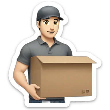 Pale skinned fit Man with black hair in a gray cap and dark gray polo T-shirt keeping a packed box into his hands sticker