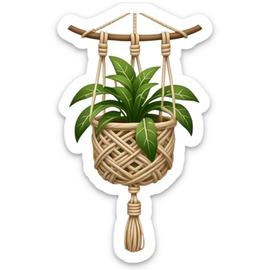 Macramé icon, intricate knot patterns, hanging plant holder, natural cords, woven texture, minimalistic style, clean lines, transparent background. sticker