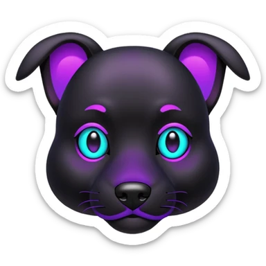 futuristic glowing black dog emoji, neon cyan eyes, purple #8B5CF6 highlights, tech minimal style, dark background sticker