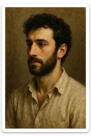 portrait of a handsome white man with dark brown curly hair, beard, prominent nose sticker