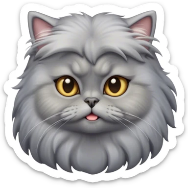 Cinematic Derpy Grey Persian Cat Portrait Emoji, Head tilted playfully with an adorably awkward expression, fluffy grey fur with soft silver undertones, Simplified yet hilariously derpy features, highly detailed, glowing with a warm but slightly confused glow, high shine, a mix of lazy and clueless, stylized with a touch of whimsy, bright but with a completely derpy and grumpy face, soft glowing outline, capturing the essence of a quirky yet chubby, grumpy kitty, so endearing it feels like it could stretch out of the screen and demand attention with its wonderfully derpy charm! sticker