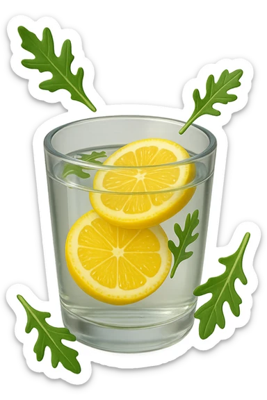 emoji stile iphone 3d di un bicchiere di acqua con limone e qualche foglia di rucola che fluttua intorno in aria, iperrealistico 4k sticker