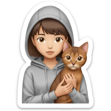 a asian girl with short brown hair and bangs holding an Abyssinian cat， wearing grey hoodie sticker