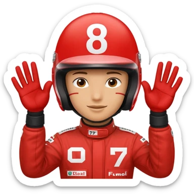 Person wearing red f1 helmet with hands saying 8 7 sticker