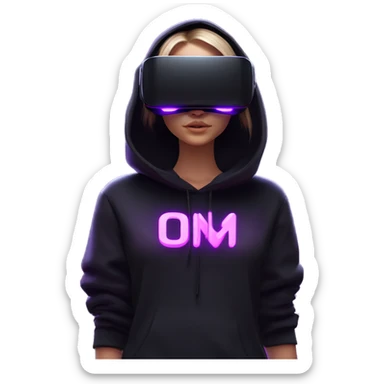 Russian girl wearing black hoody with violet letters "OMG", in vr headset oculus quest2. Standing like jedi. Cyberpunk style. Violet neon. sticker