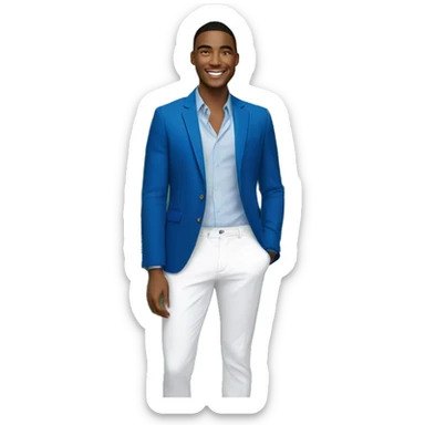 A portrait of a smiling young man wearing a blue blazer and white pants, standing in a lush, tropical garden setting with palm leaves and colorful foliage in the background. sticker