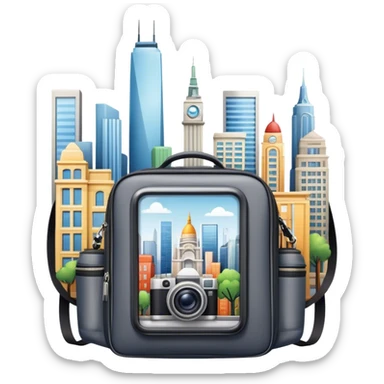 Icon for Urban Tourism: city skyline with iconic buildings, a camera and a backpack. The icon should represent the exploration of urban destinations, with elements like streets, landmarks, and vibrant city life. Transparent background. sticker