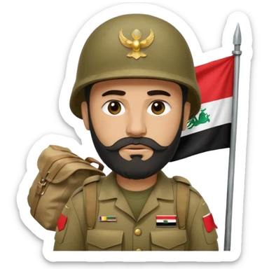 A tired, swarthy Iraqi soldier with a beard, an Iraqi flag on his helmet, a sad expression and bags under his eyes sticker