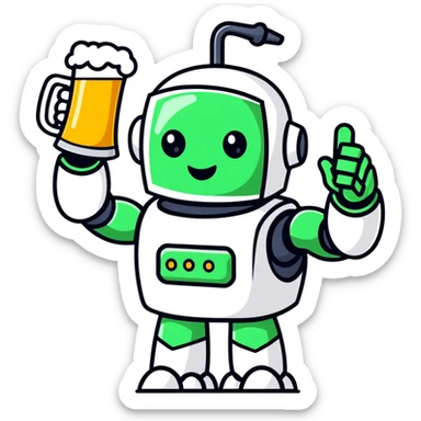 robot graphic designer cheering with a beer sticker