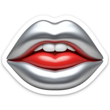 female lips emoji, smooth liquid metal chrome surface, sensual sculpted shape, high-gloss reflections, monochrome futuristic 3D style, isolated on white sticker