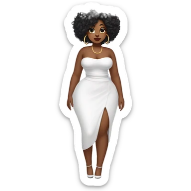 Black curvy woman with curly and a white tube top full body, naval piercing, dimples and lip gloss, hoop earrings, coquette bow sticker