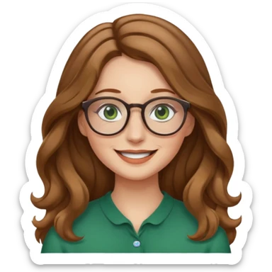 long wavy light brown hair woman with green eyes and glasses smiling closed mouth. middle part hair.  sticker