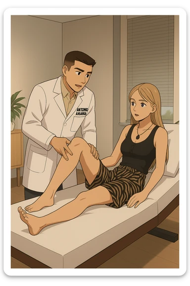 fai un webtoon/manga a colori con questo kinesiologo in camice bianco (fagli la scritta "ANTONIO ANANIA" SUL CAMICE) CHE SVOLGE UN TEST NEUROMUSCOLARE SOLLEVANDO UNA GAMBA ALLA RAGAZZA CHE è STESA SU UN LETTINO BIANCO. STANZA SEMPLICE E MODERNA, DURANTE IL TEST I DUE DIALOGANO TRA LORO. NON FARE I FUMETTI, FAI SOLO LORO COME SE DIALOGASSERO sticker