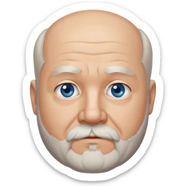75, goatee, bald, grey side hair, chubby, blue eyes, beard sticker
