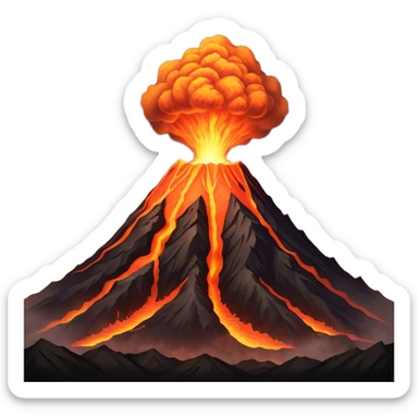 Cinematic Realistic Volcano Emoji, Powerful and awe-inspiring, with molten lava flowing from its jagged, smoking peak, casting an orange glow in the surrounding darkness. The landscape around it is barren and rocky, with clouds of ash rising into the sky. Soft glowing outline, capturing the essence of raw power and fiery energy in a towering volcano. sticker
