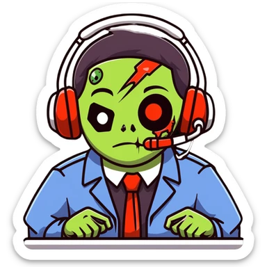 zombie call center employee with headphones, torn uniform, and dead eyes sticker